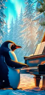 Penguin playing a grand piano in a snowy forest.