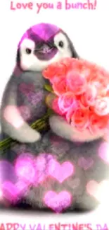 Charming penguin holding pink roses for Valentine's Day wallpaper.