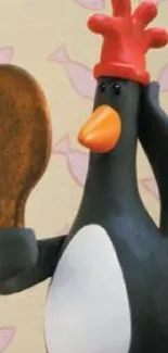 Quirky penguin holding a spoon wallpaper for mobile.