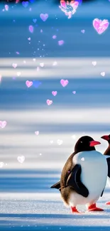 Two penguins with hearts in a snowy, blue background.