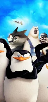 Animated penguins and friends in a colorful sky background.