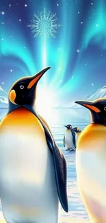 Penguins stand under a vibrant aurora in an icy landscape.