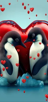 Two penguins with red heart on icy blue background.