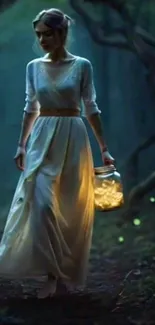 Woman in forest holding glowing lantern at night.