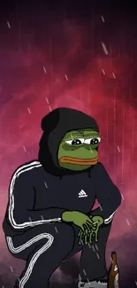 Pepe the Frog in hoodie, sitting with rain background.