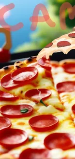 Delicious pepperoni pizza with cheese in outdoor setting.