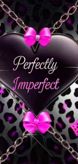Heart with pink bows and butterflies on leopard print background.