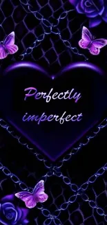 Heart-shaped design with purple butterflies and roses.