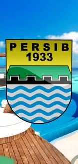 Persib logo with tropical beach scene background.