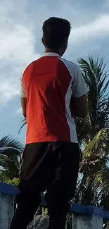 Person standing on rooftop with palm trees and cloudy sky.