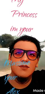 Cartoon portrait of a person wearing sunglasses with colorful background text.