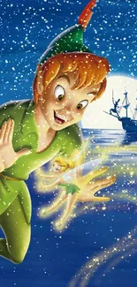 Peter Pan and Tinkerbell against a magical moonlit sea.