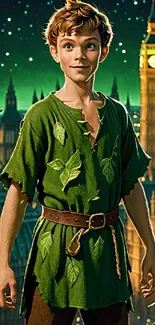 Peter Pan standing in London with leaves and stars.