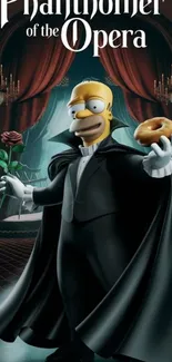 Phantom cartoon character holds a rose and donut.