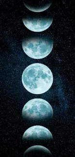 A series of moon phases set against a dark starry night sky.