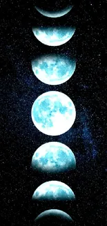 Mobile wallpaper of moon phases against a starry dark blue sky.