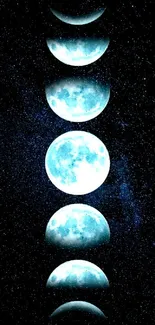 Mobile wallpaper featuring various phases of the moon against a starry backdrop.