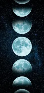 Vertical sequence of moon phases set against a starry night sky.