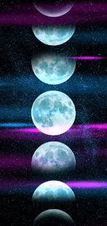 Mobile wallpaper depicting various phases of the moon against a deep starry background.