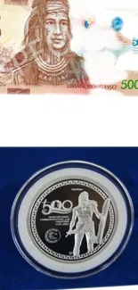 Philippine 500 peso bill and commemorative coin art display.