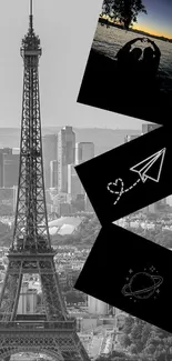 Romantic collage with Eiffel Tower and silhouettes.