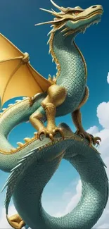 Majestic dragon soaring through blue sky clouds.