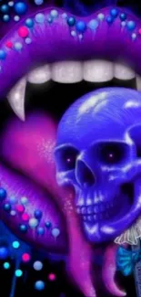 Vibrant purple skull with vampire lips mobile wallpaper.