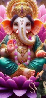 Colorful Ganesh seated on lotus flower in mobile wallpaper.