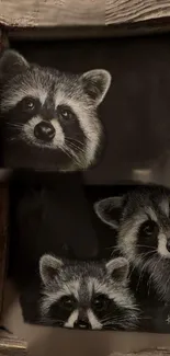 Cozy trio of raccoons in rustic wooden frame wallpaper.