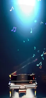 Grand piano under blue spotlight with floating musical notes.