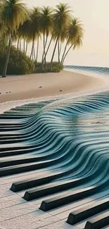 A surreal image of piano keys blending into ocean waves on a palm-lined beach.