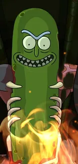 Green pickle character with vibrant flames.