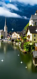 Picturesque alpine village with serene lake and lush mountains.