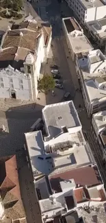 Aerial view of a city with charming architecture and sunlit rooftops.