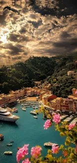 Picturesque coastal village with teal waters, flowers, and yachts under a dramatic sky.