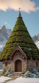 Green-roofed chapel in snowy mountains with clear sky.