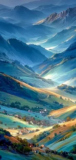 Scenic mountain valley landscape with colorful hills and sky.