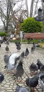 Lively pigeons on a cobblestone path in a tranquil park setting with benches and trees.