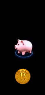 3D piggy bank with Bitcoin symbol on dark wallpaper.