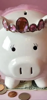 Charming piggy bank with a crown on a pink backdrop.