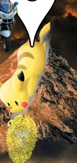 Pikachu over a mountain with an orange sky in a surreal wallpaper design.