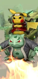 Pikachu rides Bulbasaur dressed as ninja in fiery scene.