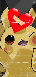 Pikachu with broken heart on pixelated background.