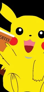 Cute Pikachu holding a coffee cup on a yellow background.