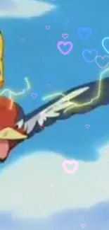 Pikachu flying through clouds with lightning and hearts in the sky.