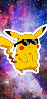 Pikachu wearing sunglasses in a colorful galaxy background.