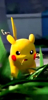 Pikachu standing in green grass, sunny day.