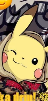 Pikachu wearing a trendy hoodie with a playful expression.