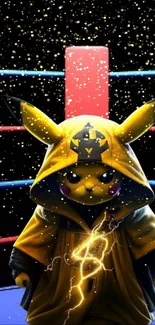 Pikachu wearing a hoodie with electric sparks in a boxing ring.