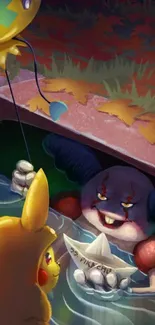 Pikachu encountering a spooky clown holding balloons.